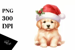 Golden Retriever with Santa Hat Watercolor Christmas PNG Product Image 3