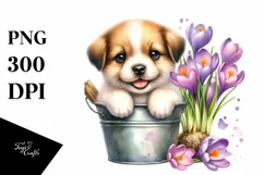 Watercolor Smiling Baby Dog with Crocus | Clipart Product Image 1