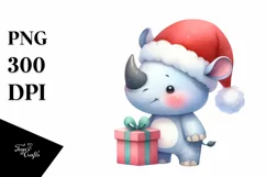 Expressive Baby Rhino PNG with Santa Hat Product Image 1