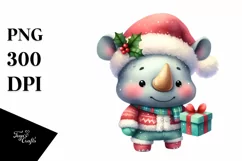 Expressive Baby Rhino PNG with Santa Hat Product Image 1