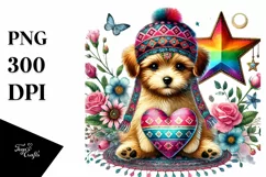 Cute Boho Puppy Heart on Flower PNG Product Image 1