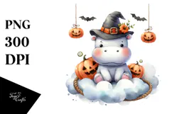 Watercolor Hippo Dressed for Halloween Sitting on Cloud Product Image 1