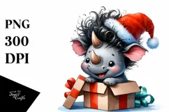 Expressive Baby Rhino PNG with Santa Hat Product Image 1