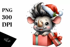 Expressive Baby Rhino PNG with Santa Hat Product Image 1