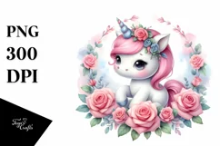 Baby Unicorn with Rose Frame Watercolor Clipart Product Image 1