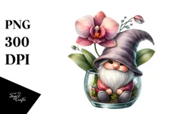 Watercolor Gnome with Orchid Ornament, Creative PNG Product Image 1