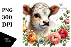 Highland Cow with Ranunculus PNG Product Image 1