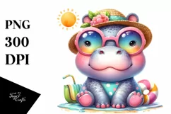 Colorful Watercolor Cute Hippo with Sun Hat | Sublimation | Product Image 1