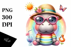 Colorful Watercolor Cute Hippo with Sunglasses | Sublimation Product Image 1