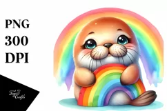 Cute Baby Walrus Smiling with Rainbow PNG Product Image 3
