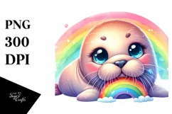 Cute Baby Walrus with Rainbow PNG Product Image 1