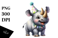 Cute Baby Rhino with Party Hat PNG Product Image 1