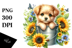 Cute Baby Dog Watercolor with Sunflower PNG Product Image 1