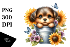 Cute Baby Dog Watercolor with Sunflower PNG Product Image 1