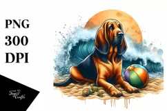 Bloodhound Sitting in Sand with Surf and Ball | Sublimation Product Image 3