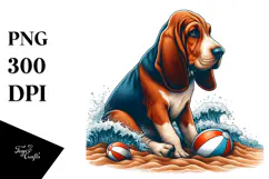 Bloodhound Sitting in Sand with Surf and Ball | Sublimation Product Image 1