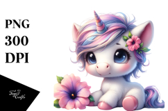 Pastel Watercolor Cute Baby Unicorn with Petunia | Product Image 1