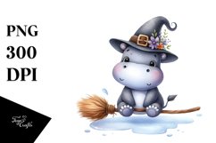 Watercolor Hippo Witch Broom Halloween Ghost Product Image 1