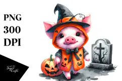 Vibrant Watercolor Cute Baby Pig Dressed for Halloween | Product Image 1
