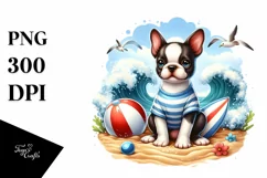 Cute Boston Terrier Sitting in Sand with Surf and Ball | Product Image 1