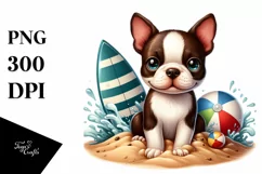 Cute Boston Terrier Sitting in Sand with Surf and Ball | Product Image 3