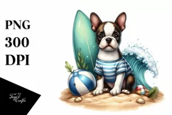 Cute Boston Terrier Sitting in Sand with Surf and Ball | Product Image 1