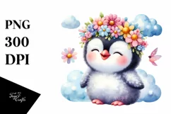 Cute Baby Penguin Whimsical Cloud Flowers Clipart Product Image 1
