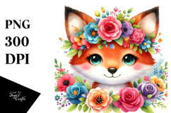 Cartoon-Style Watercolor Fox with Flower Crown | Clipart Product Image 1