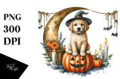 Spooky Puppy on Half Moon with Candles PNG Product Image 1