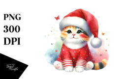 Watercolor Cute Cat with Santa Hat, PNG Product Image 1