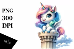 Cute Baby Unicorn Winking from Sky-High Tower | Clipart Product Image 1