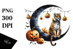 Tiger Dressed for Halloween on Half Moon, Watercolor Design Product Image 1
