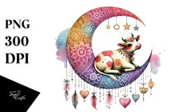 Colorful Boho Cow on Half Moon PNG Product Image 1