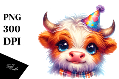 Smiling Cute Baby Highland Cow with Party Hat PNG Product Image 1