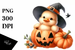 Cute Baby Duck with Halloween Pumpkin, Transparent PNG Product Image 1