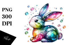 Colorful Bunny with Hearts, Watercolor PNG Product Image 1