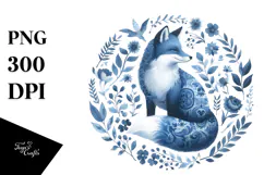 Blue Toile Fox, Watercolor PNG Product Image 1
