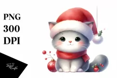 Cat with Santa Hat Watercolor Christmas PNG Product Image 3