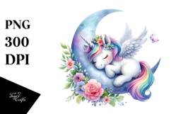 Colorful Baby Unicorn Napping on Moon, PNG Product Image 1