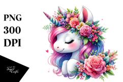 Cute Baby Unicorn with Floral Wreath PNG Product Image 1