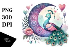 Colorful Boho Peacock on Moon, PNG Product Image 1