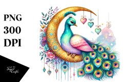 Colorful Boho Peacock on Moon, PNG Product Image 1