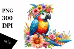 Watercolor Macaw with Flower Crown PNG Product Image 1
