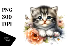 Digital Cute Baby Cat Sleeping on Flower PNG Product Image 1