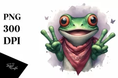 Washed Watercolor Frog Cute Victory Sign | Sublimation Product Image 1