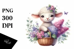 Watercolor Whimsical Cute Baby Lamb Basket Lilac Bouquet Product Image 3