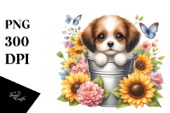 Cute Baby Dog Watercolor with Sunflower PNG Product Image 1