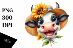 Cow Enthusiastic Cow with Sun Hat Clipart Product Image 1