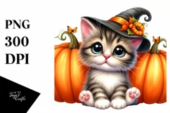 Watercolor Baby Kitten Sitting Pumpkins Product Image 1