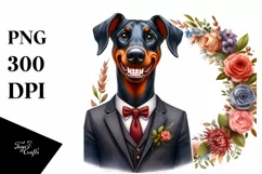 Watercolor Doberman Pinscher Floral Frame Clipart Product Image 1